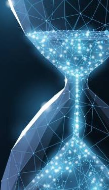 Sandglass. Low poly wireframe sandglass looks like constellation on dark blue background with dots and stars. Time, countdown, deadline concept illustration or background