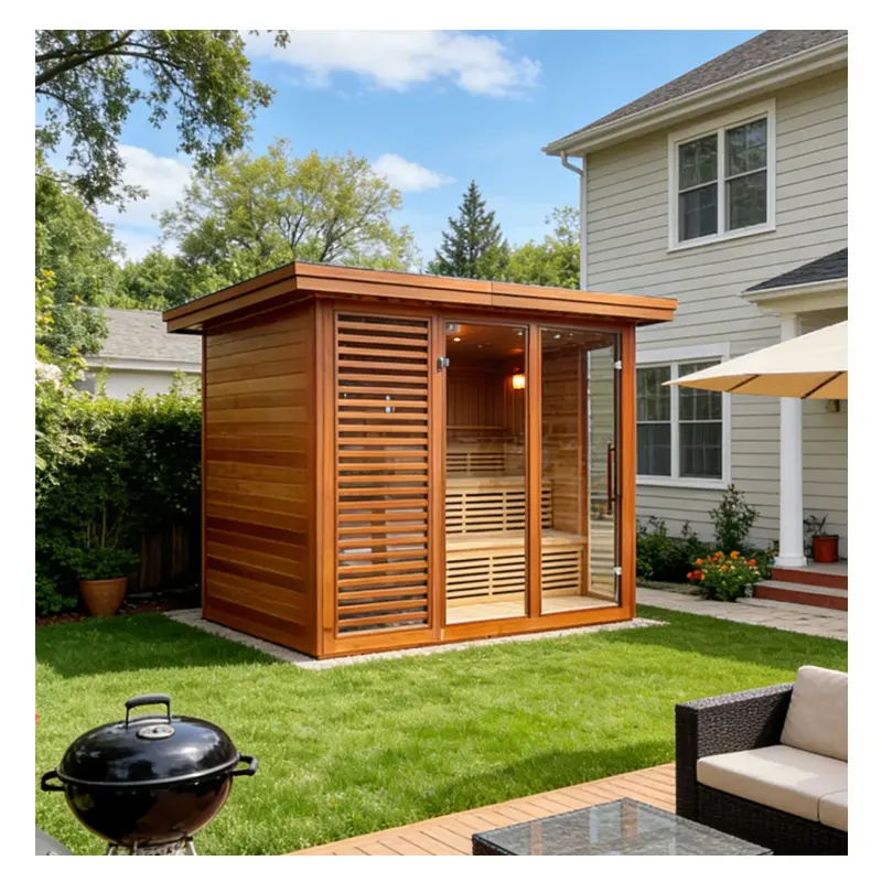 Factory Direct Hot Sale Outdoor Square Solid Wood Hemlock Fir Wet Steam Traditional Sauna Room Burning Sauna Shower Online