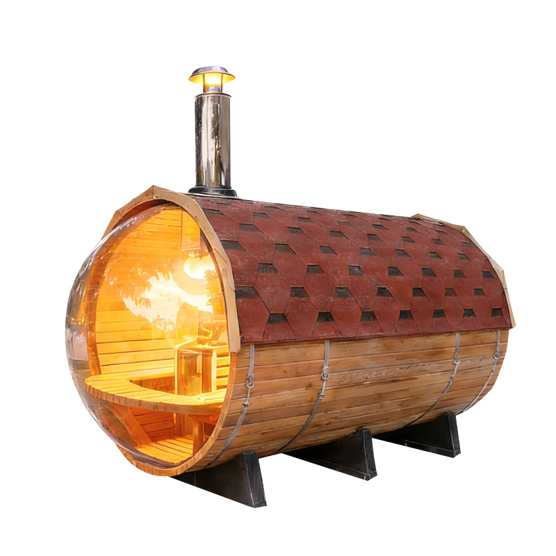 Modern Cylindrical Red Cedar Sauna  High-End, Red Tile Waterproof Roof for Outdoor Use