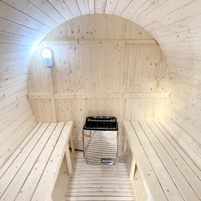 Outdoor 4-Seater Spruce Barrel Sauna Equipped with Sauna Stove